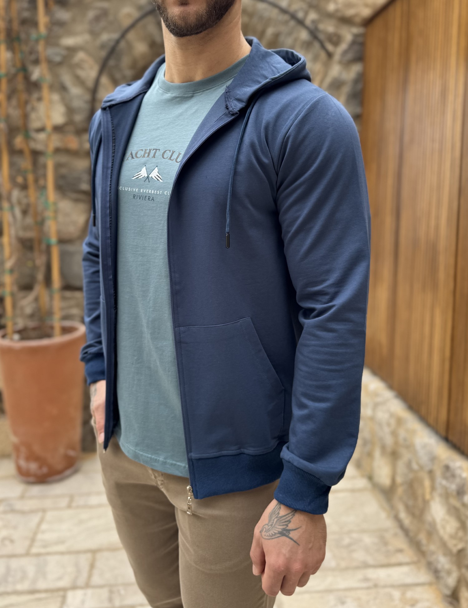 Ανδρική μπλε Indigo βαμβακερή ζακέτα με κουκούλα KEF2630Β